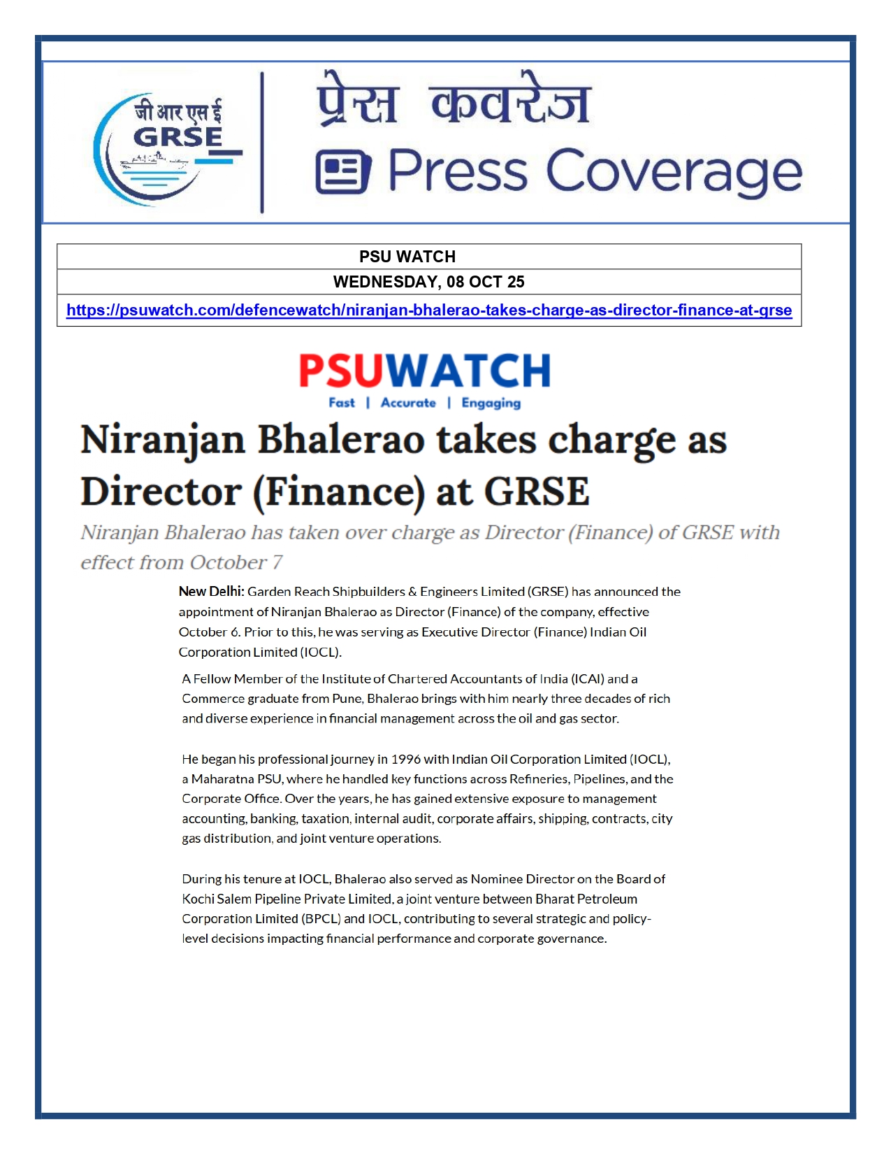 Press Coverage : 08 Oct 25:Shri Niranjan Bhalerao takes over as Director (Finance) of Garden Reach Shipbuilders & Engineers Ltd. (GRSE) 